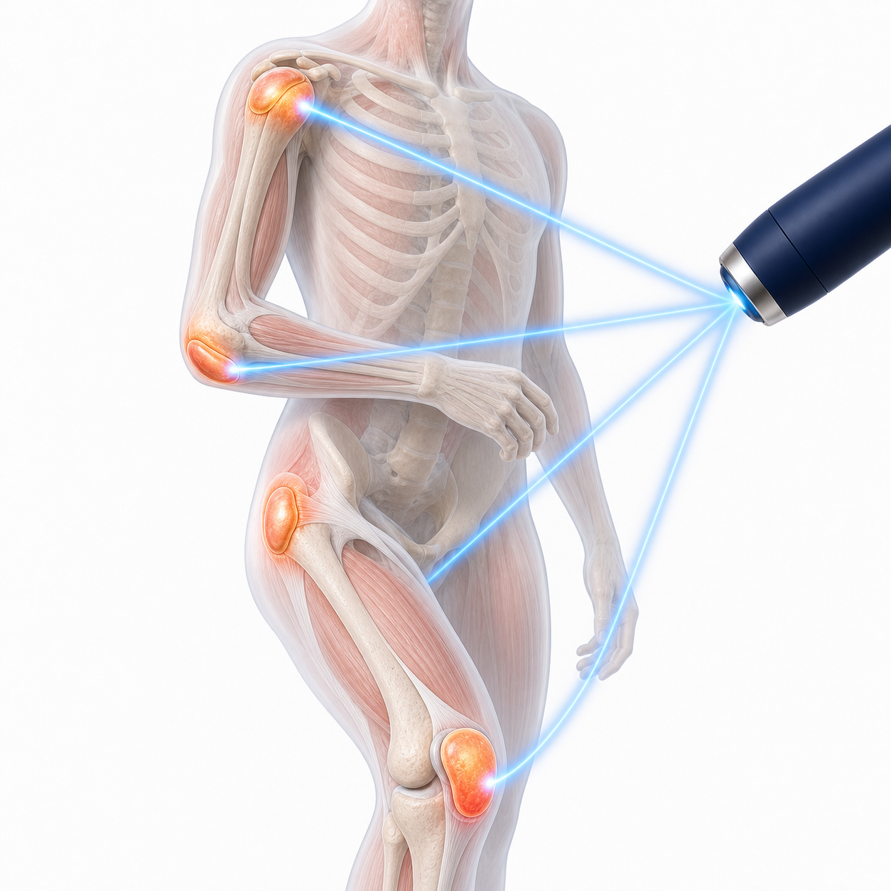 Illustration of cold laser applied to bursae at several sites for bursitis