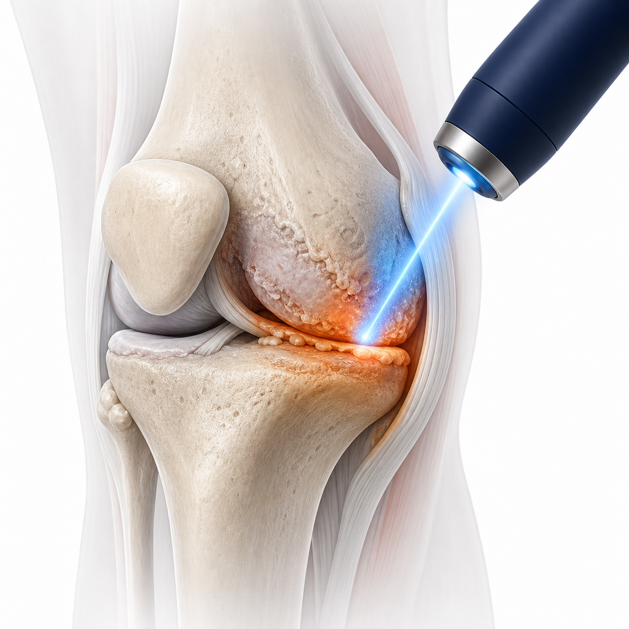 Illustration of cold laser applied to an osteoarthritic knee