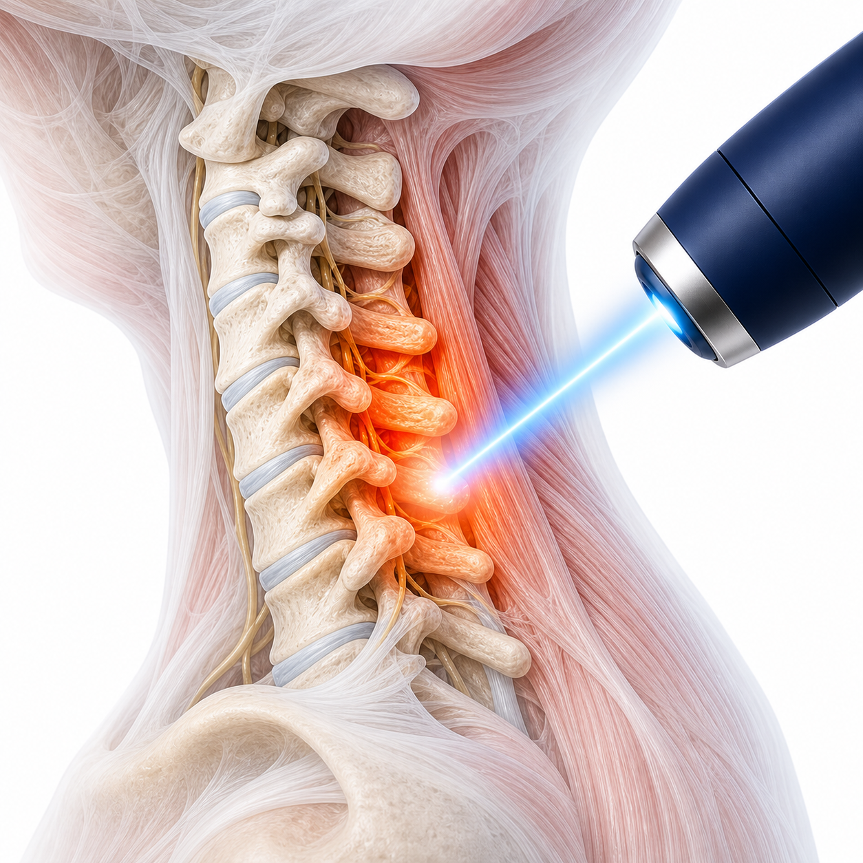 Illustration of cold laser applied to the cervical spine for neck pain