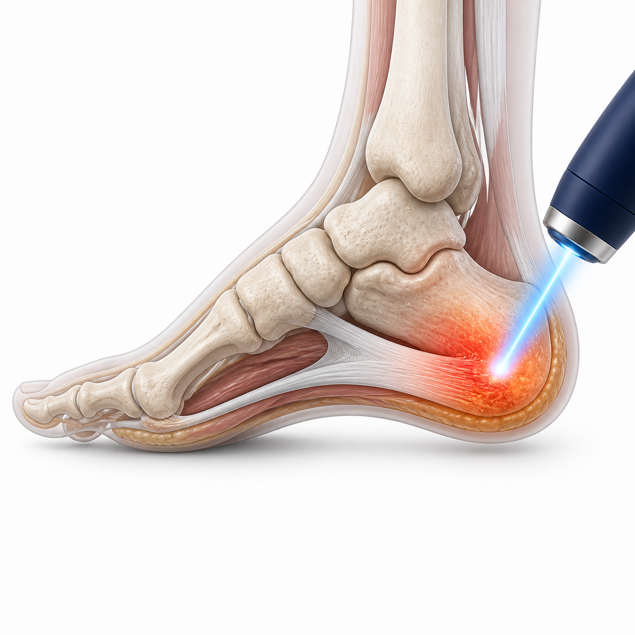 Illustration of cold laser applied to the heel for plantar fasciitis