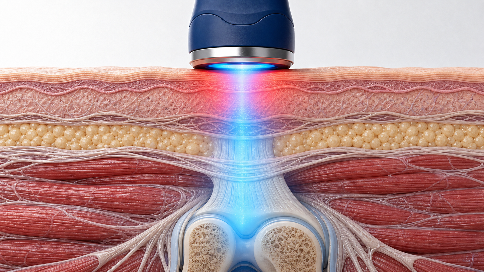 Illustration of a cold laser handpiece on skin, with light travelling down through skin, fat and muscle toward a joint