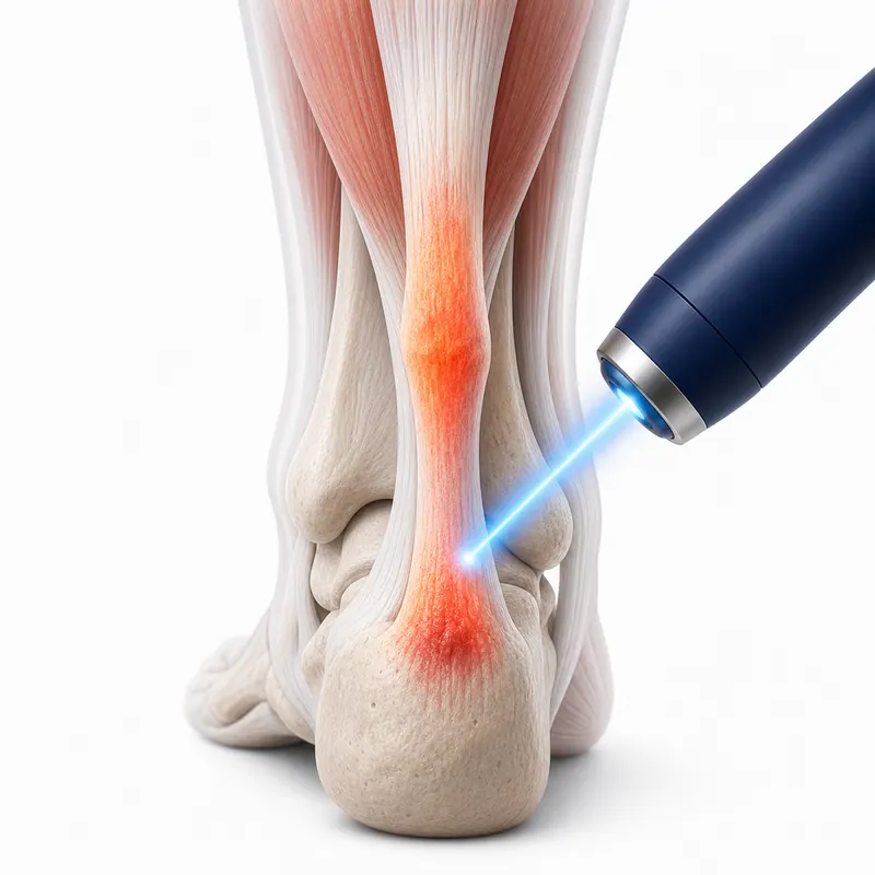 Illustration of cold laser applied to the Achilles tendon