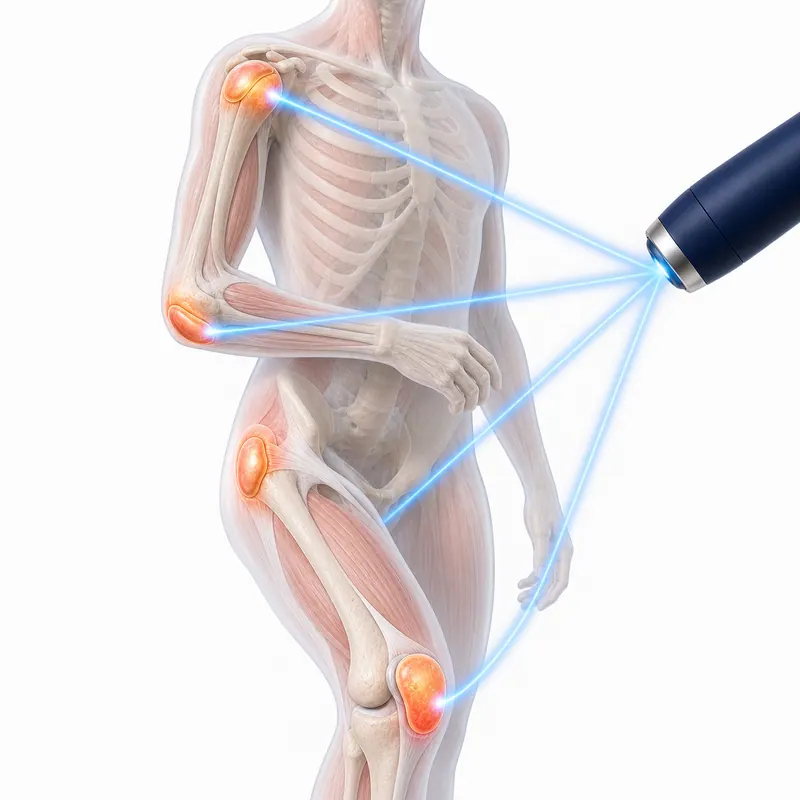 Illustration of cold laser applied to bursae at several sites for bursitis
