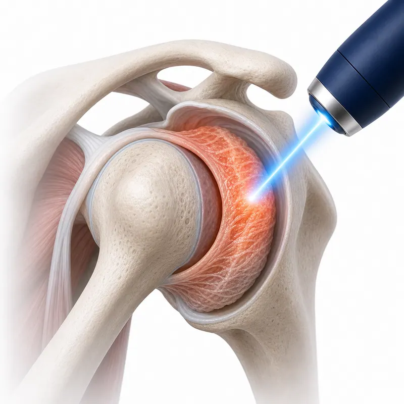 Illustration of cold laser applied to the shoulder joint capsule for frozen shoulder