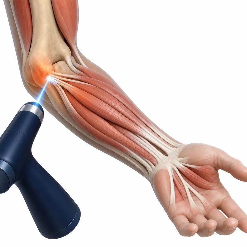 Illustration of cold laser applied to the inner elbow for golfer's elbow