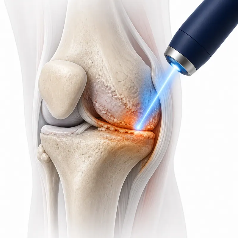 Illustration of cold laser applied to an osteoarthritic knee