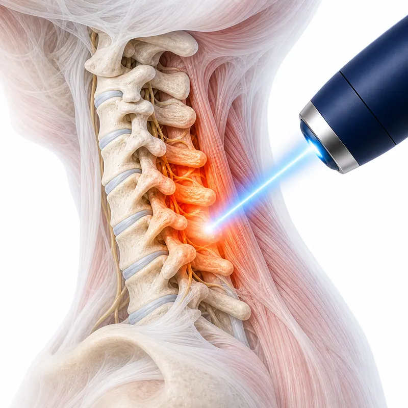 Illustration of cold laser applied to the cervical spine for neck pain