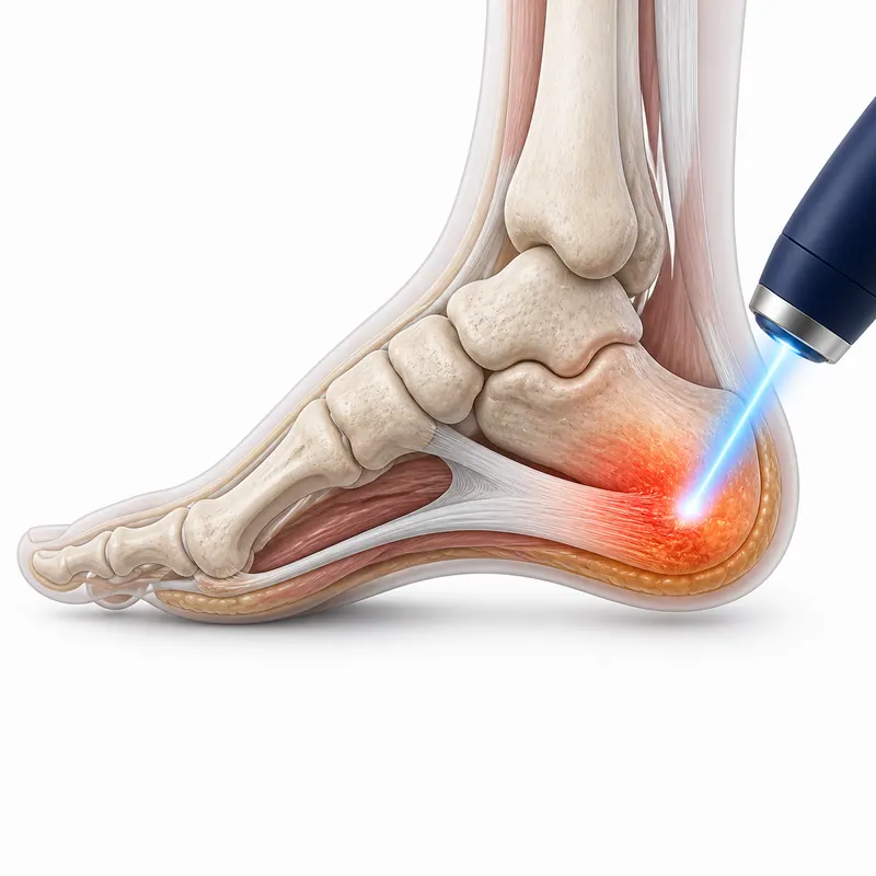 Illustration of cold laser applied to the heel for plantar fasciitis