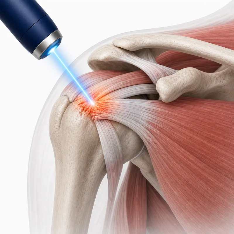 Illustration of cold laser applied to the rotator cuff of the shoulder