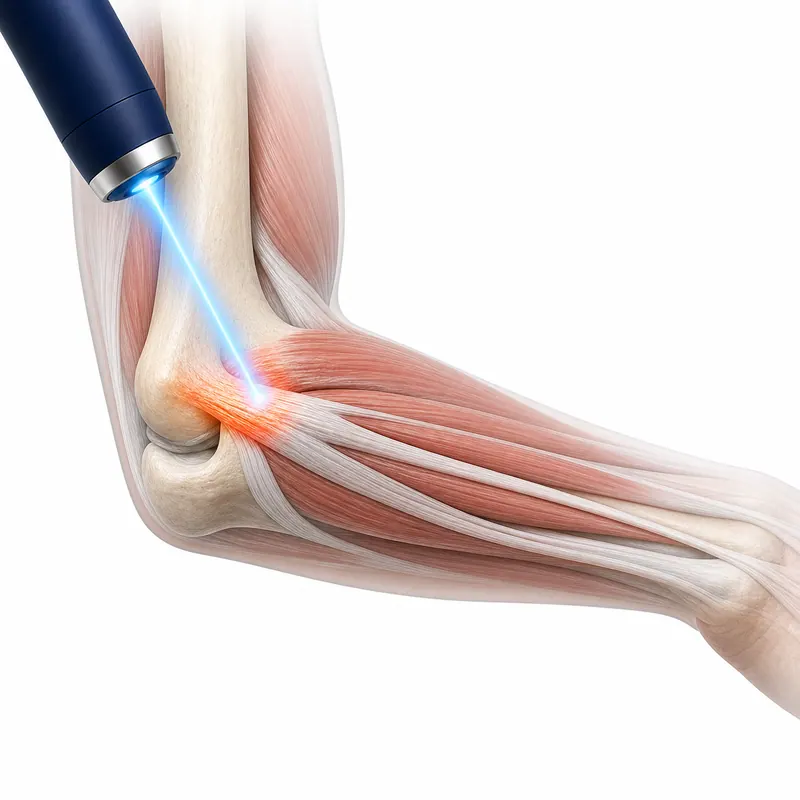 Illustration of cold laser applied to the outer elbow for tennis elbow