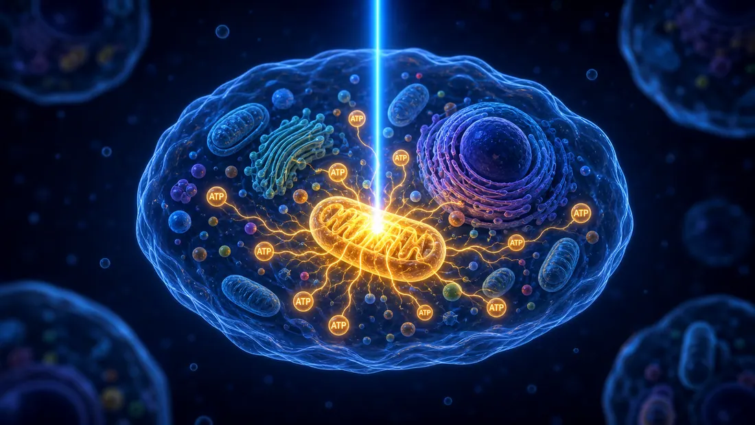 Illustration of a cold laser beam descending onto a cell and energising a mitochondrion, which glows warm gold and sends labelled ATP energy molecules outward along glowing filaments as the whole cell lifts in colour