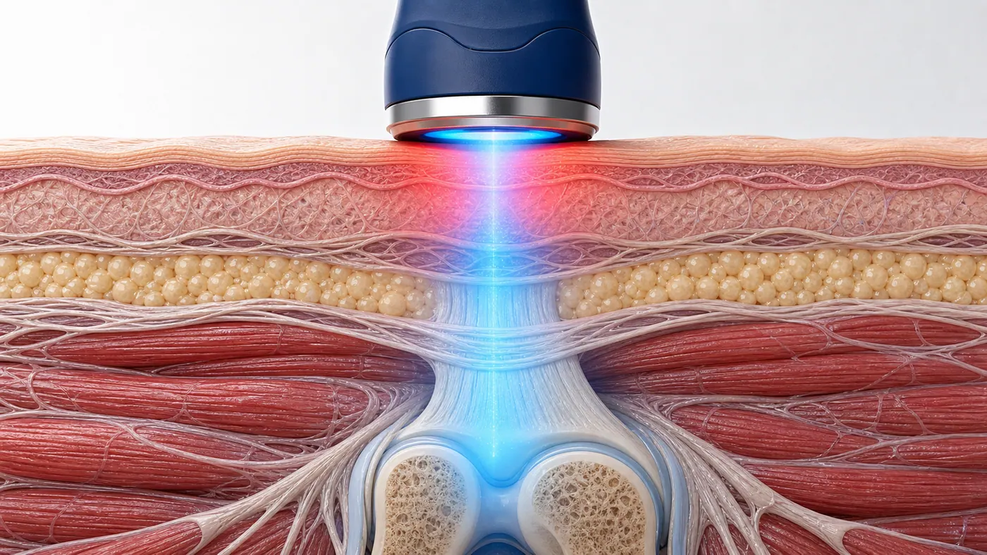 Illustration of a cold laser handpiece on skin, with light travelling down through skin, fat and muscle toward a joint
